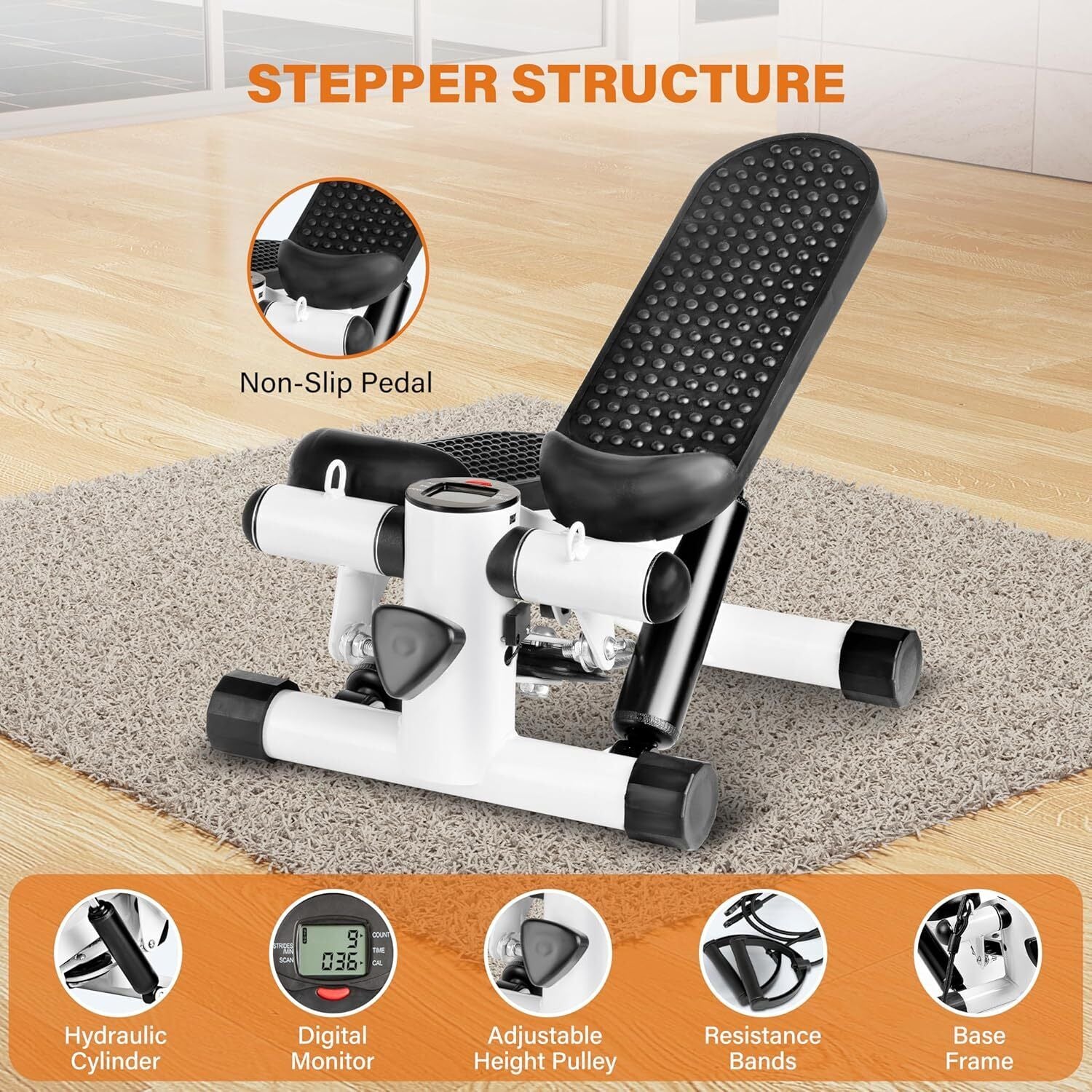 Compact Stepper Exercise Machine with Resistance Bands and LCD Display for Home Cardio Workouts