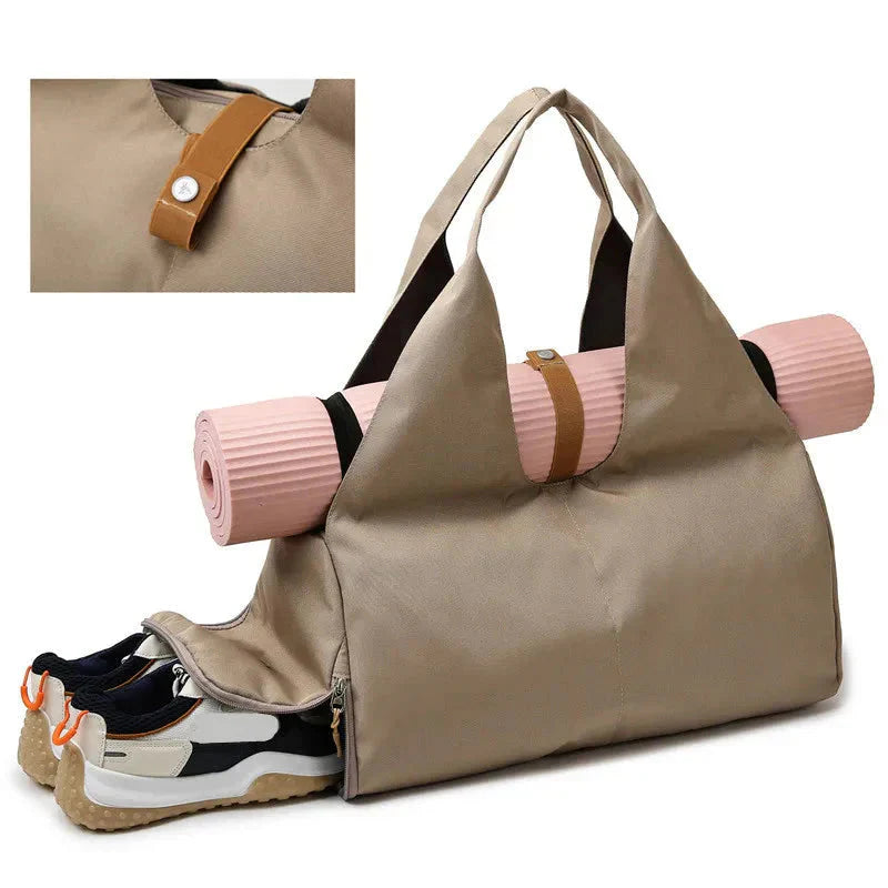 Gym Bag for Women featuring waterproof design, shoe pocket, and yoga mat holder.